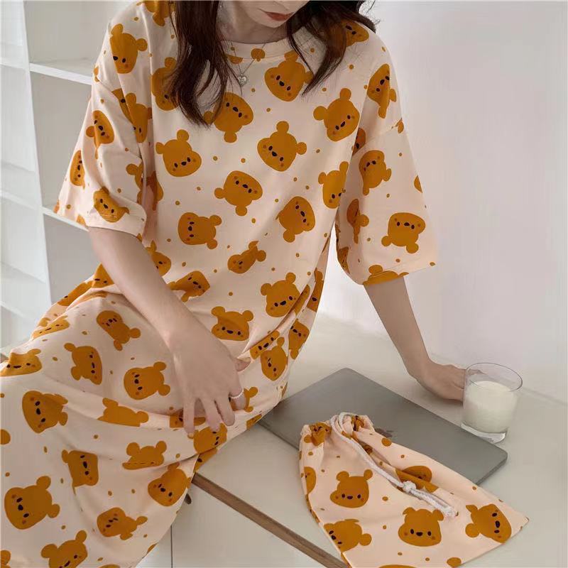 A girl in a sleeping dress with short sleeves