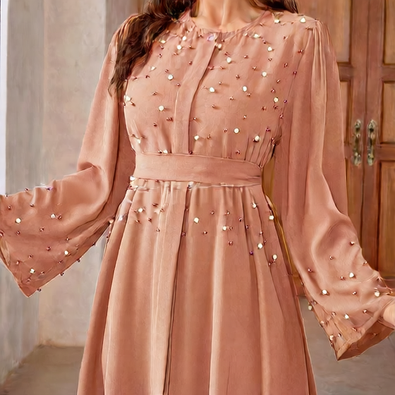 Long-sleeved pearl long dress