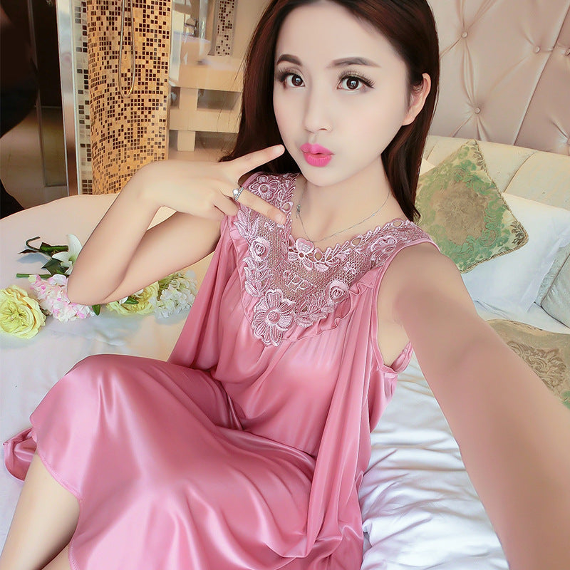 Sleeping dress, solid color sexy ice silk dress, vest dress, home wear