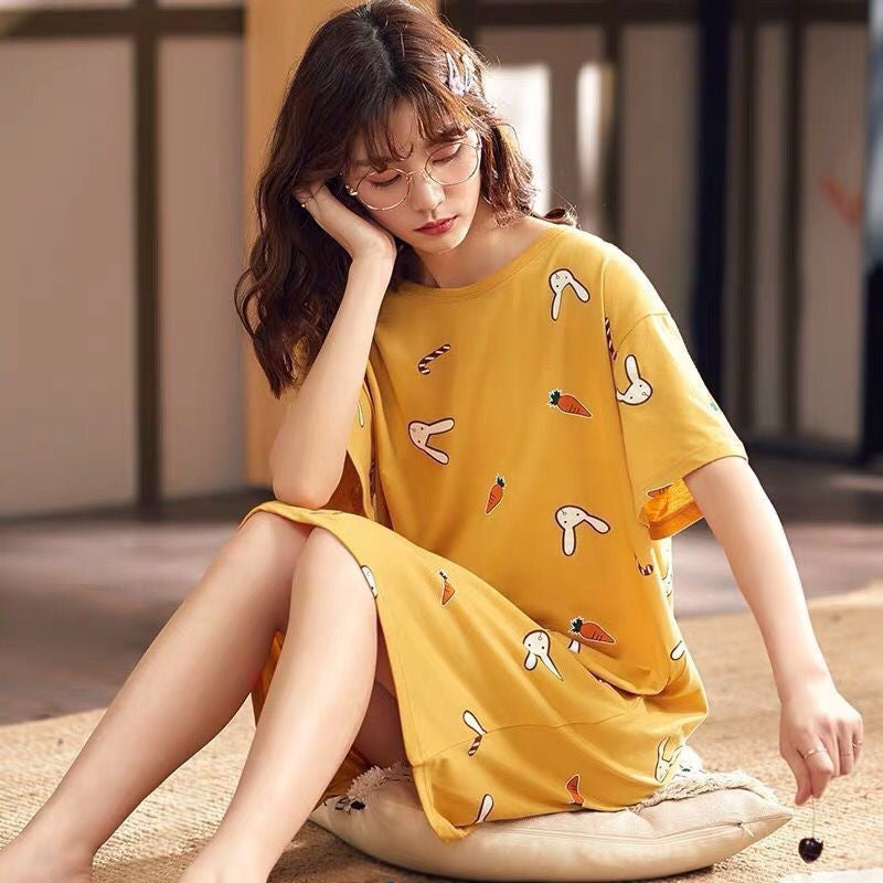A girl in a sleeping dress with short sleeves