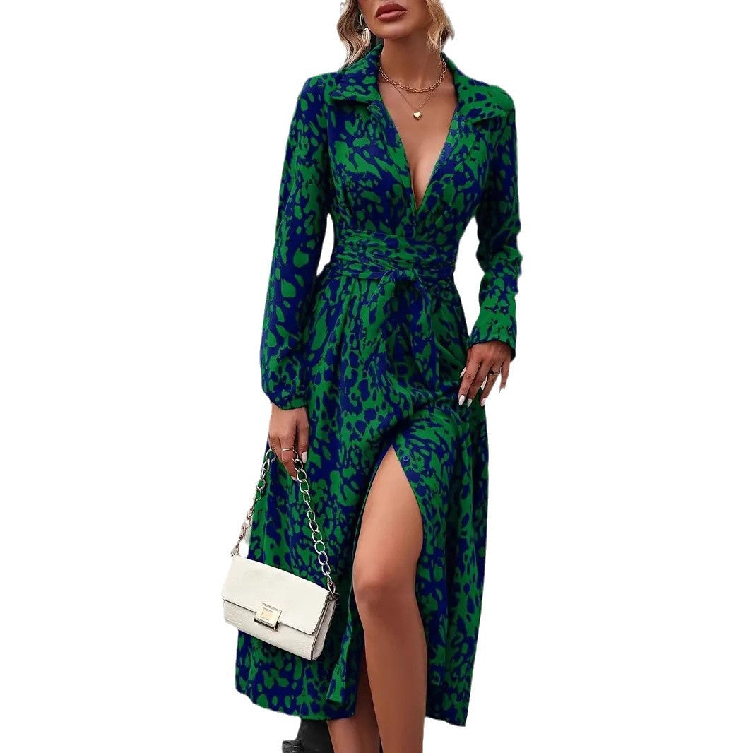 Printed button-up long-sleeved fitted A-line dress