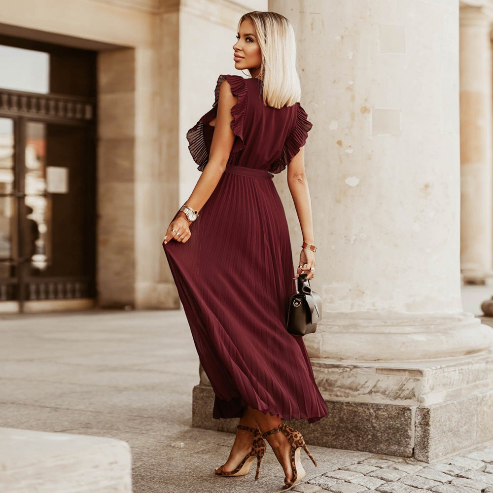 Elegant Beach Long Dress Fashion Slim Fit Sexy Lotus Sleeve Chiffon Pleated Dress Solid Color Dress