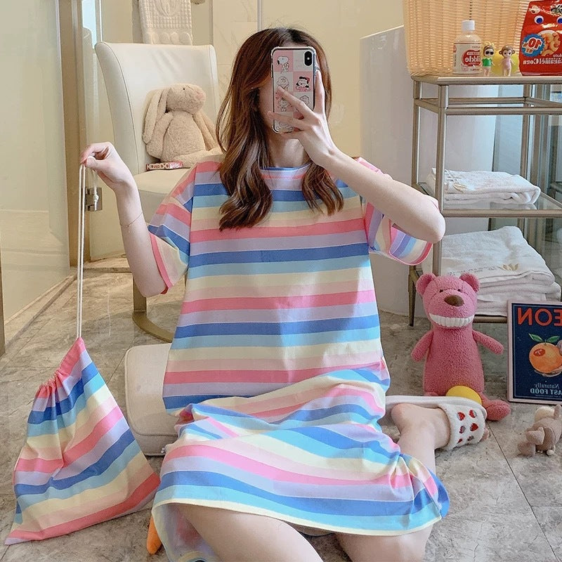 A girl in a sleeping dress with short sleeves