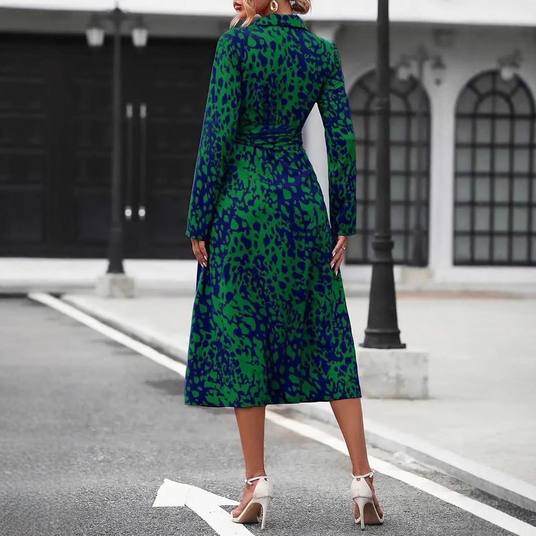 Printed button-up long-sleeved fitted A-line dress