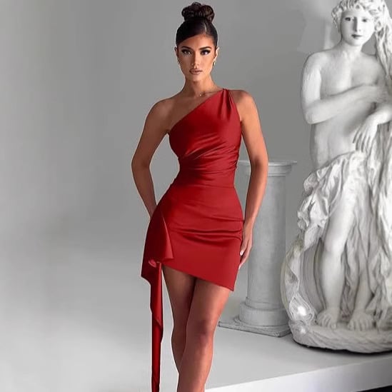 Single shoulder pleated slit dress