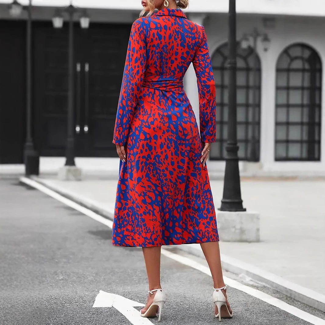 Printed button-up long-sleeved fitted A-line dress