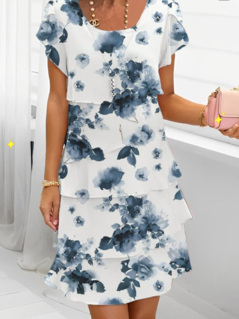 Short Sleeve 3D Printed Chiffon Dress