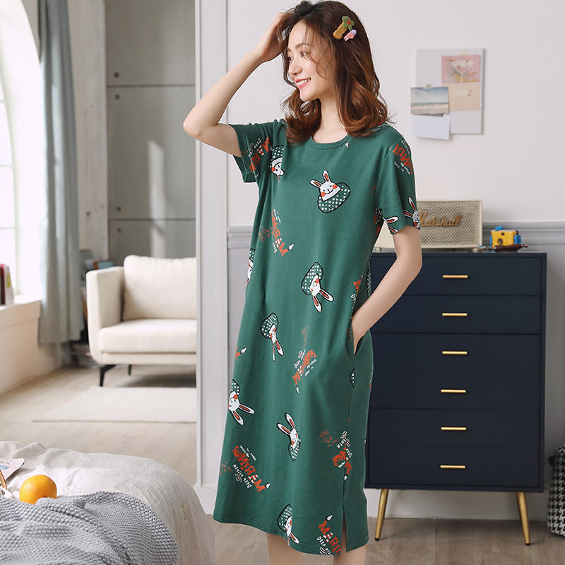 A girl in a sleeping dress with short sleeves