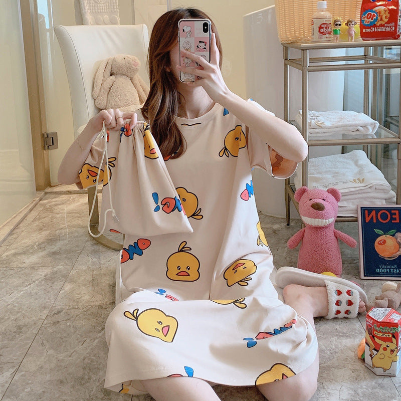 A girl in a sleeping dress with short sleeves