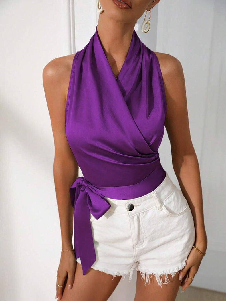 Satin Halter Neck Wrap Shirt