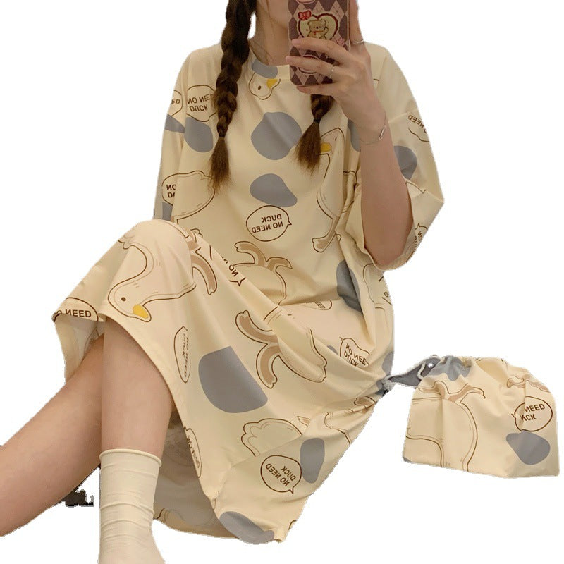 A girl in a sleeping dress with short sleeves