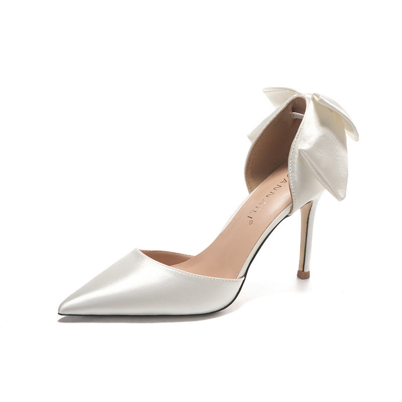White satin bow high heels