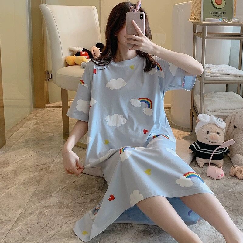 A girl in a sleeping dress with short sleeves