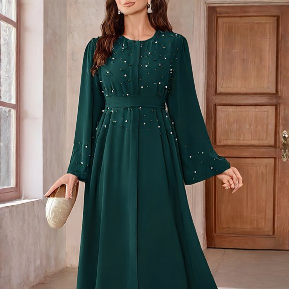 Long-sleeved pearl long dress