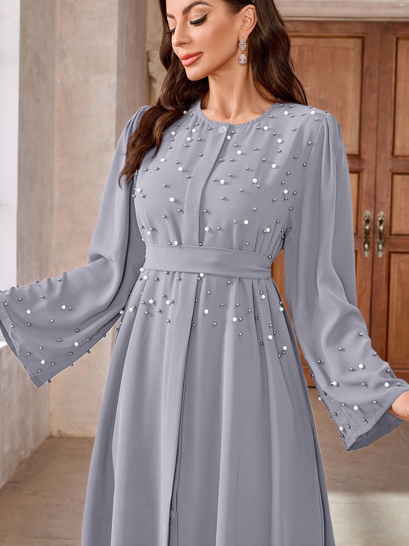 Long-sleeved pearl long dress