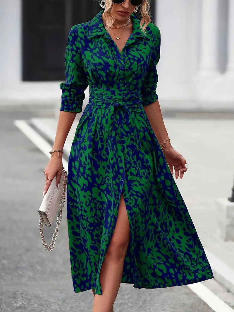 Printed button-up long-sleeved fitted A-line dress