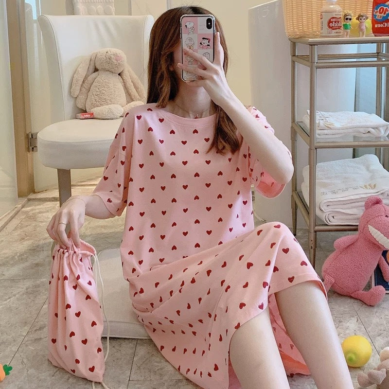 A girl in a sleeping dress with short sleeves