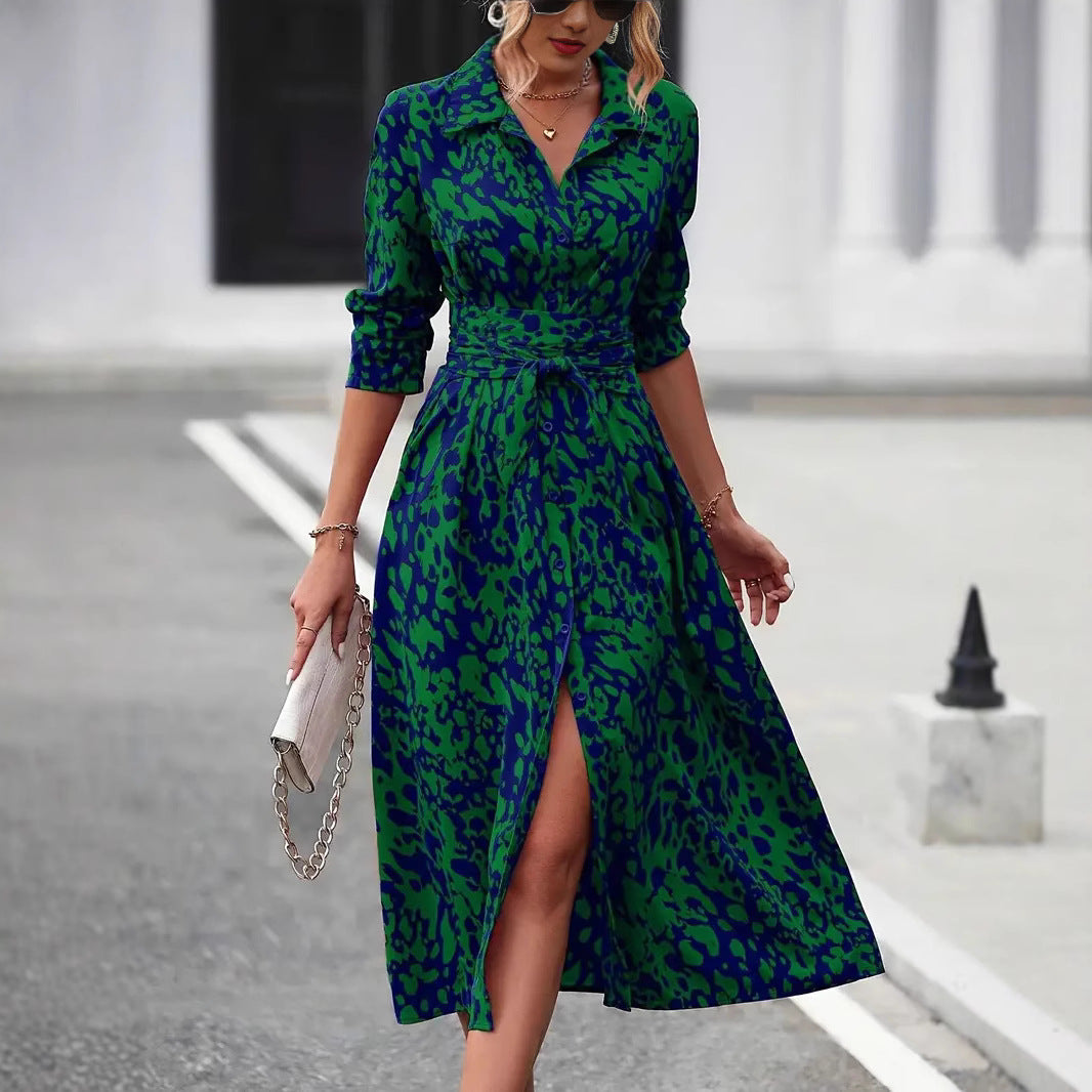 Printed button-up long-sleeved fitted A-line dress