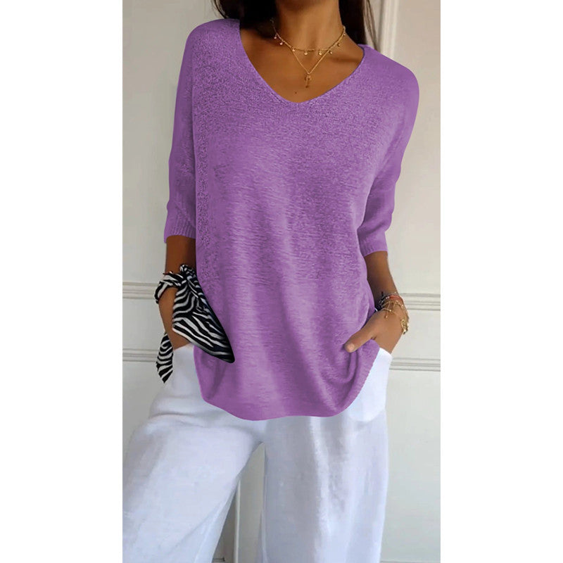 Casual Sweater Basic Slim V-neck 3/4 Sleeve Solid Color Knitwear Women's Bottoming Shirt