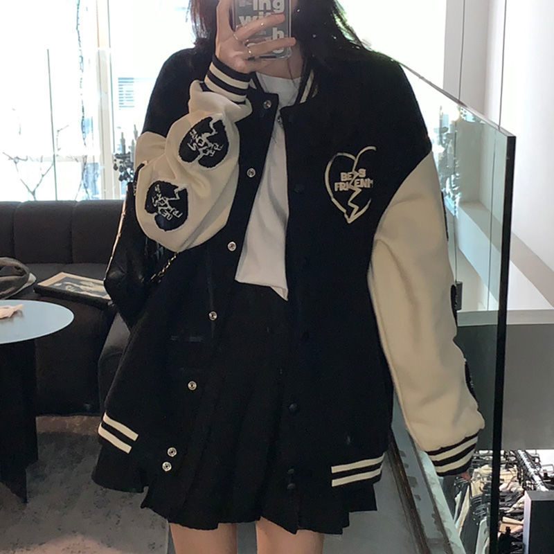 Baseball Coat Women's New Autumn And Winter All-match Loose BF Lazy Style Love Color Matching Baseball Suit Ins Trendy