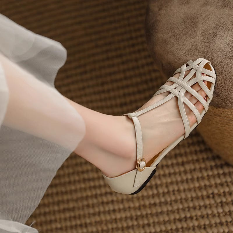 2025 Summer Bohemian Retro One-Line Buckle Toe-Toe Braided Sandals Women's Flats Low-Heeled Cut Out Roman Shoes