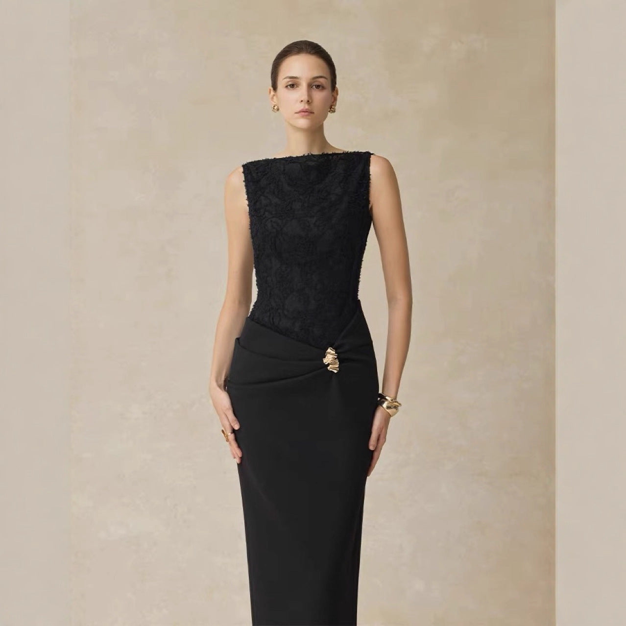 Niche Designer Elegant One-length Neck Long-sleeved Waist Dress For Autumn New Lace Spliced sleeveless Dress