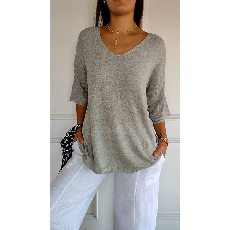 Casual Sweater Basic Slim V-neck 3/4 Sleeve Solid Color Knitwear Women's Bottoming Shirt
