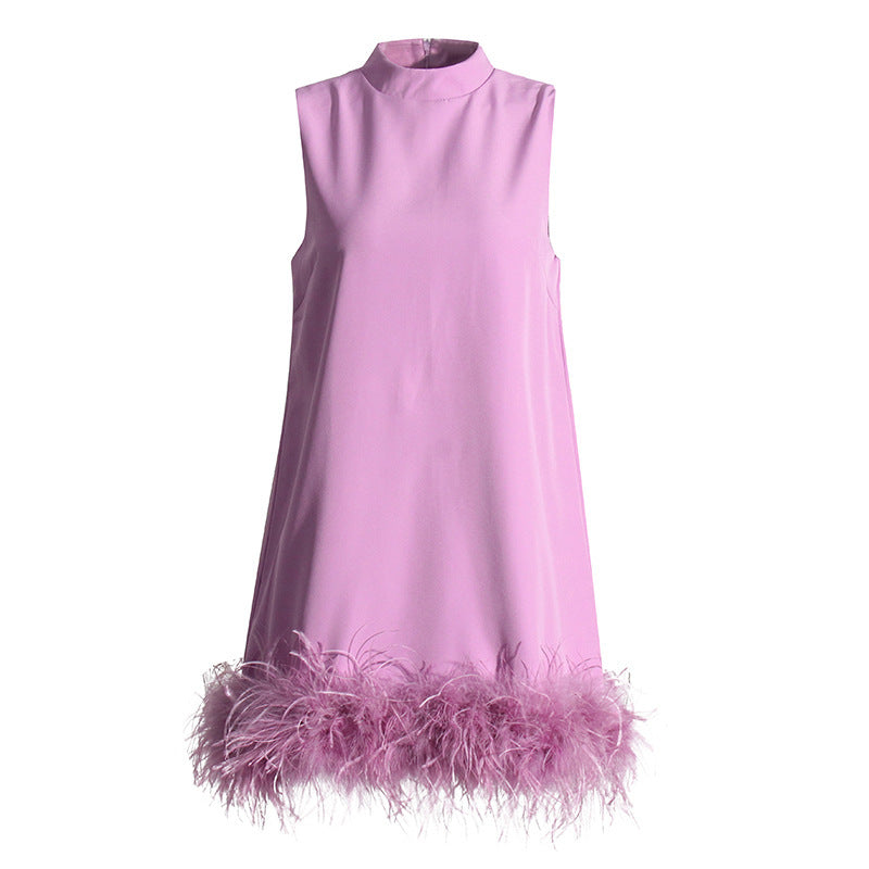 Sleeveless solid-color feather patchwork dress