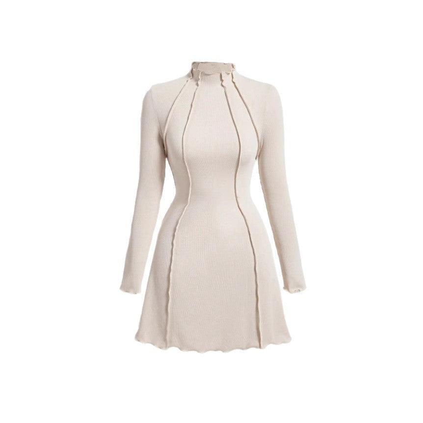 Half-High Collar Small Ribbed Elegant Style Spicy Girl Slim A-Line Dress Women's Slimming