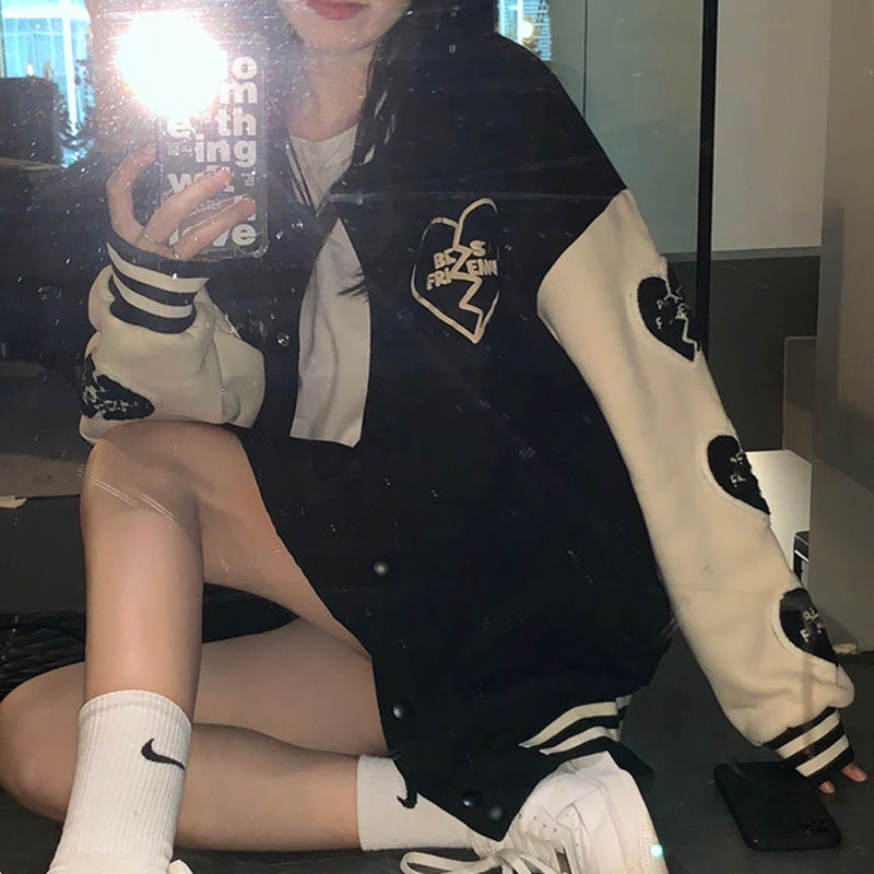Baseball Coat Women's New Autumn And Winter All-match Loose BF Lazy Style Love Color Matching Baseball Suit Ins Trendy