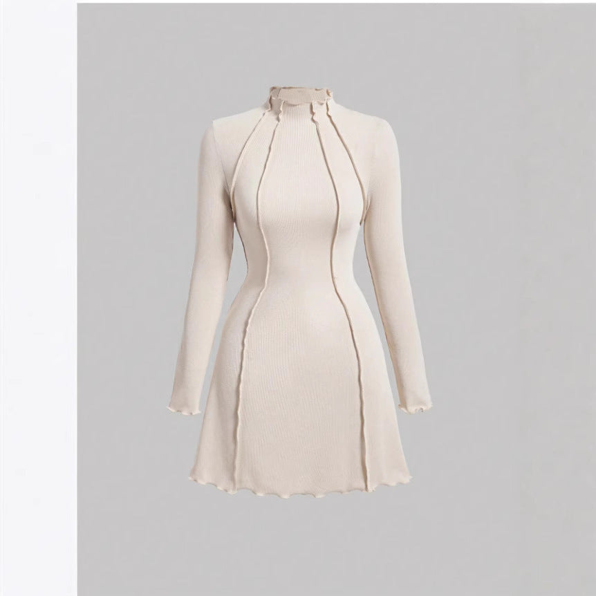 Half-High Collar Small Ribbed Elegant Style Spicy Girl Slim A-Line Dress Women's Slimming