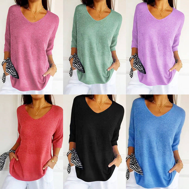 Casual Sweater Basic Slim V-neck 3/4 Sleeve Solid Color Knitwear Women's Bottoming Shirt