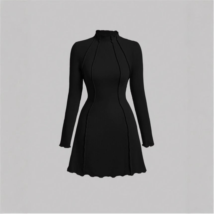 Half-High Collar Small Ribbed Elegant Style Spicy Girl Slim A-Line Dress Women's Slimming