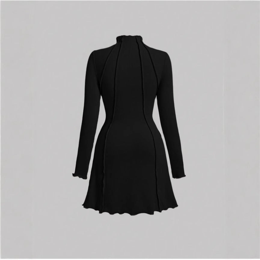 Half-High Collar Small Ribbed Elegant Style Spicy Girl Slim A-Line Dress Women's Slimming