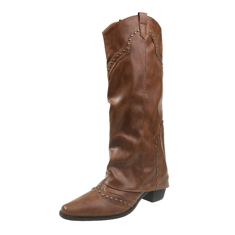 Vintage Studded High Pant Boots French Women's Boots All-match Western Cowboy Boots Knight Boots Small Boots