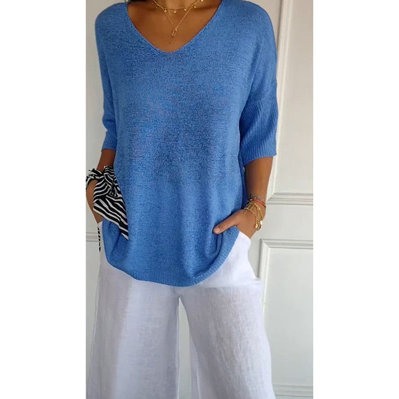 Casual Sweater Basic Slim V-neck 3/4 Sleeve Solid Color Knitwear Women's Bottoming Shirt