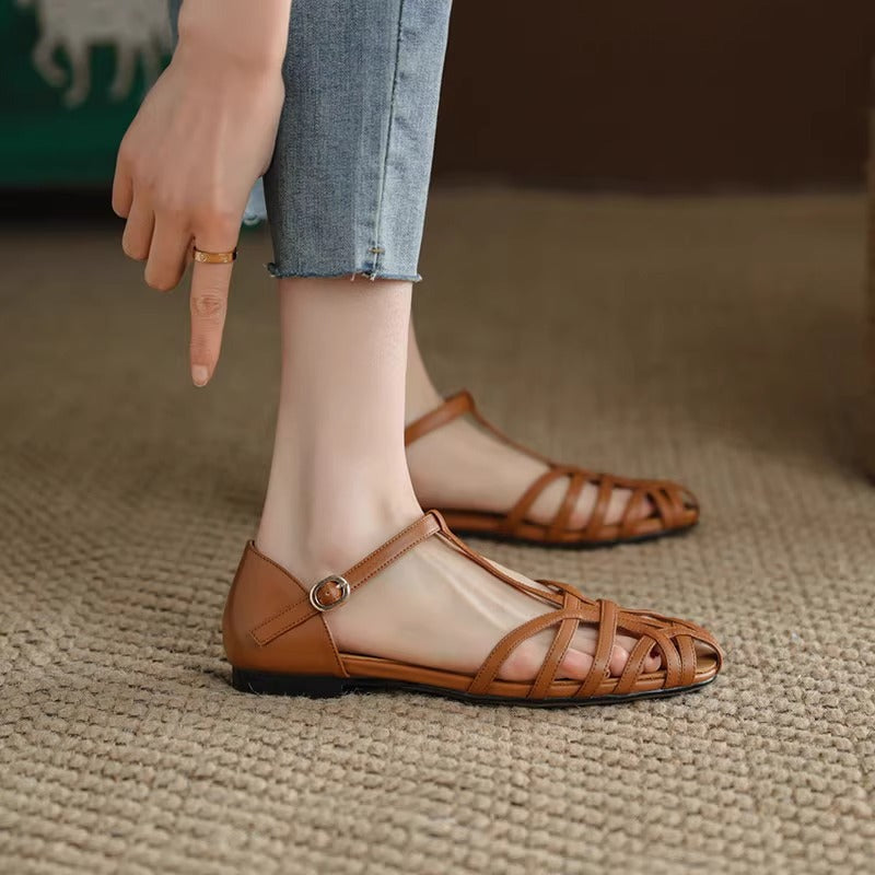 2025 Summer Bohemian Retro One-Line Buckle Toe-Toe Braided Sandals Women's Flats Low-Heeled Cut Out Roman Shoes