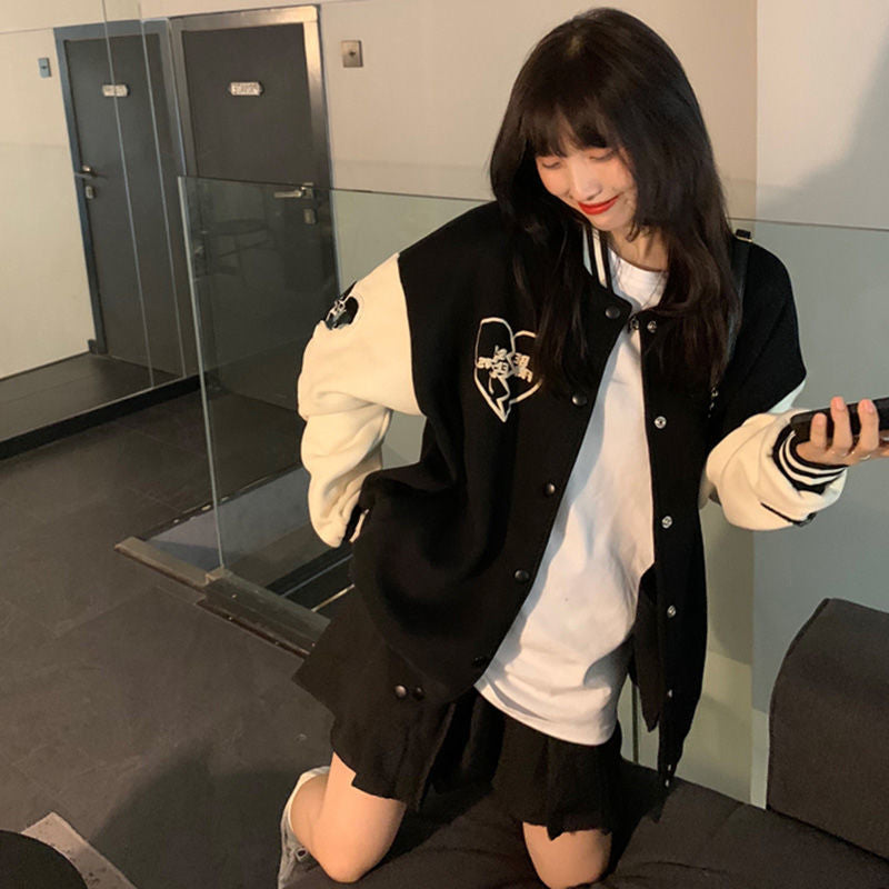 Baseball Coat Women's New Autumn And Winter All-match Loose BF Lazy Style Love Color Matching Baseball Suit Ins Trendy