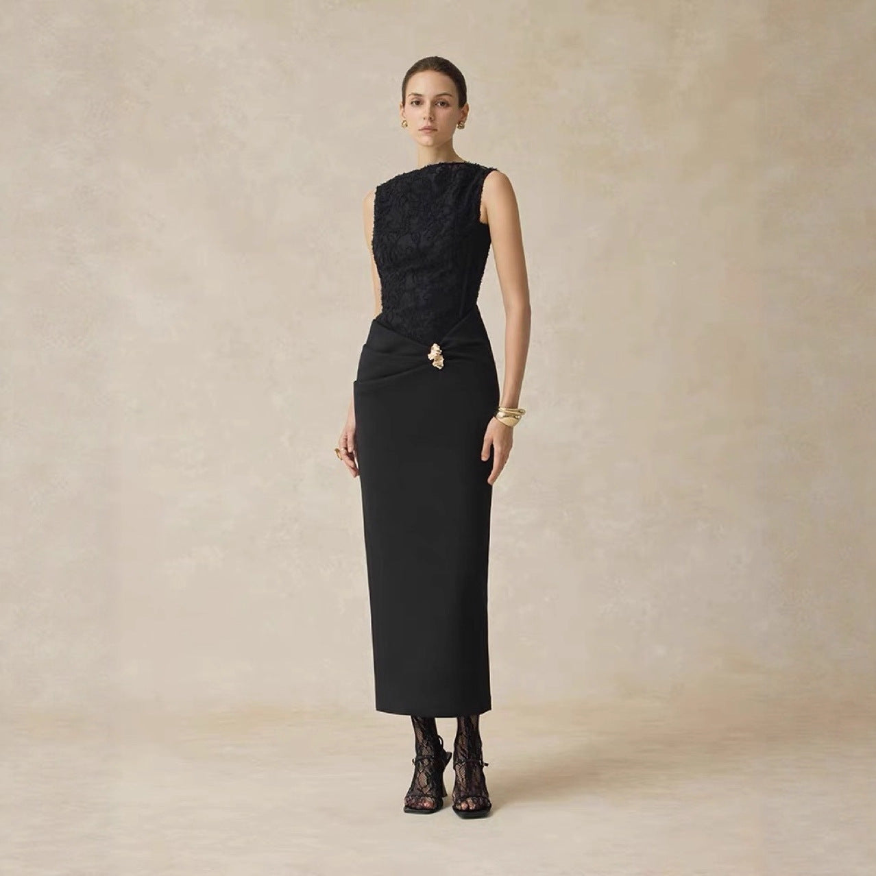 Niche Designer Elegant One-length Neck Long-sleeved Waist Dress For Autumn New Lace Spliced sleeveless Dress