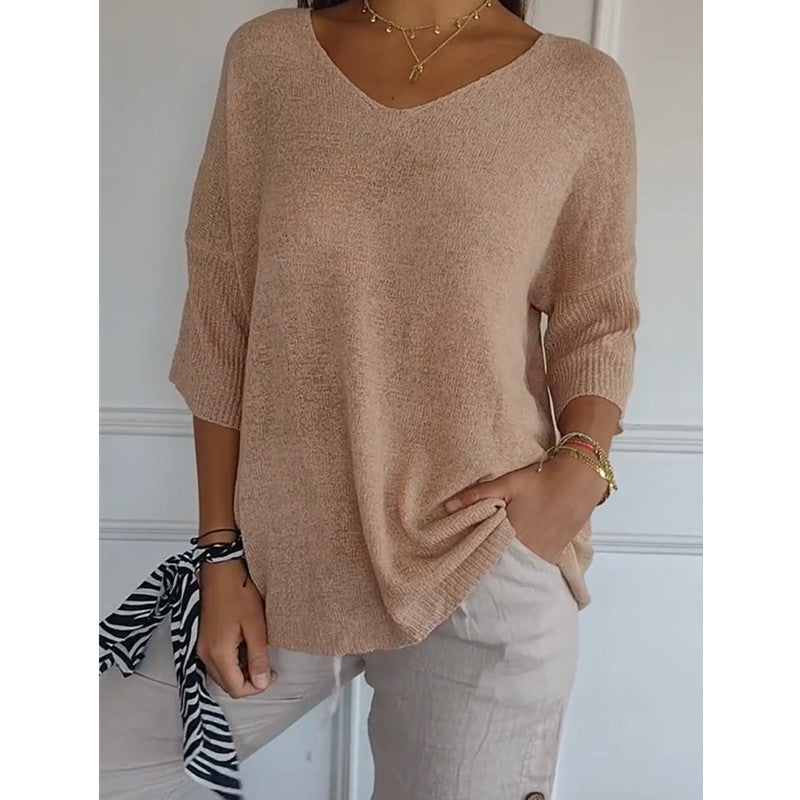Casual Sweater Basic Slim V-neck 3/4 Sleeve Solid Color Knitwear Women's Bottoming Shirt