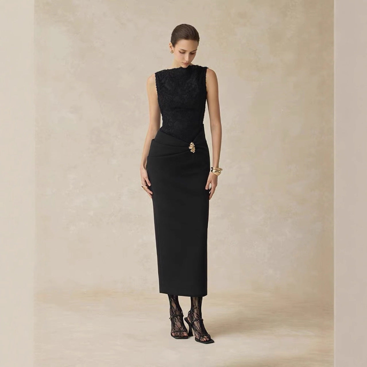 Niche Designer Elegant One-length Neck Long-sleeved Waist Dress For Autumn New Lace Spliced sleeveless Dress