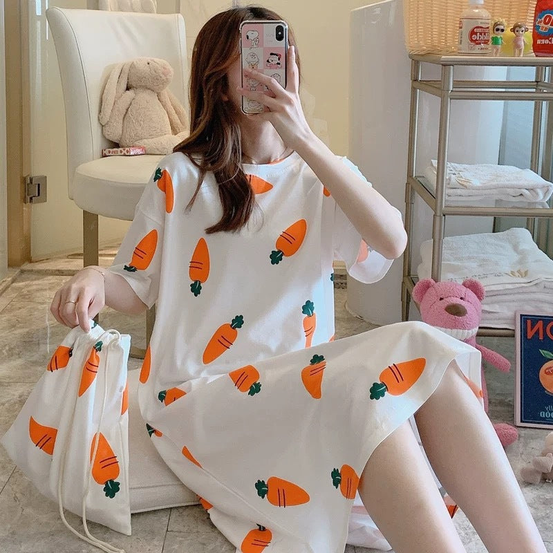 A girl in a sleeping dress with short sleeves