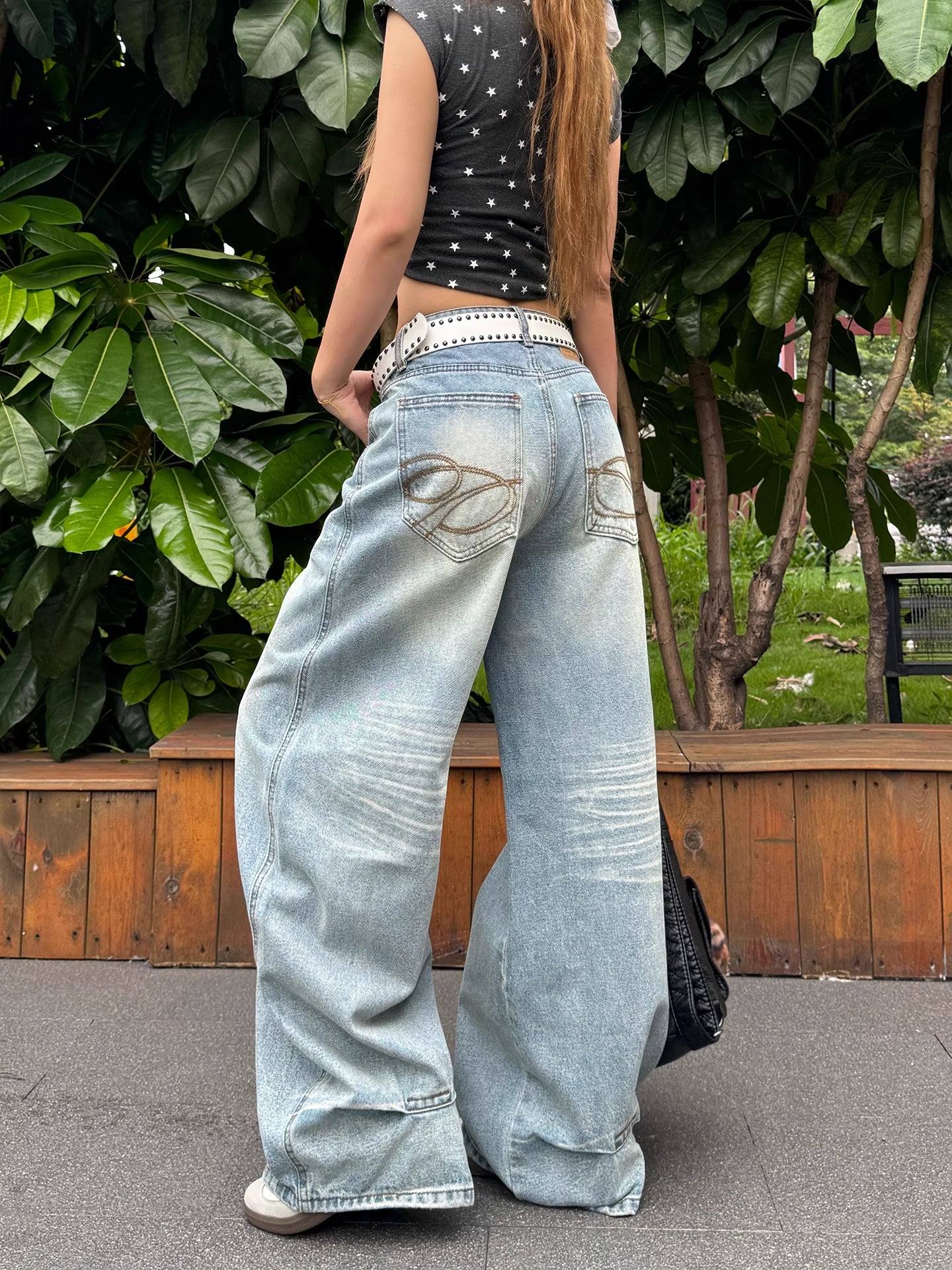 Retro Washed Embroidered Denim Wide-Leg Pants