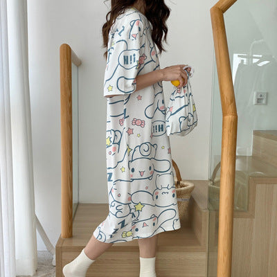A girl in a sleeping dress with short sleeves