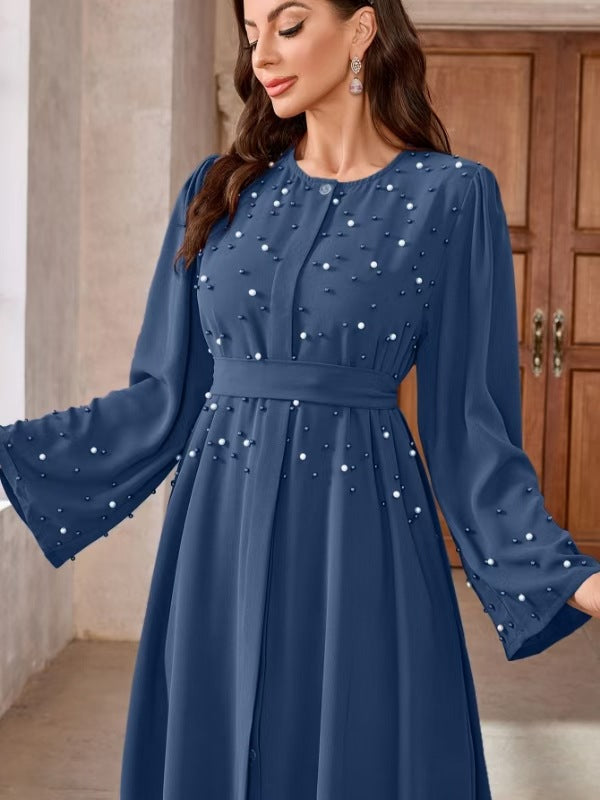 Long-sleeved pearl long dress