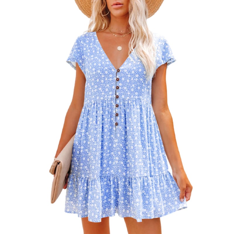 V-neck button small floral short-sleeved dress