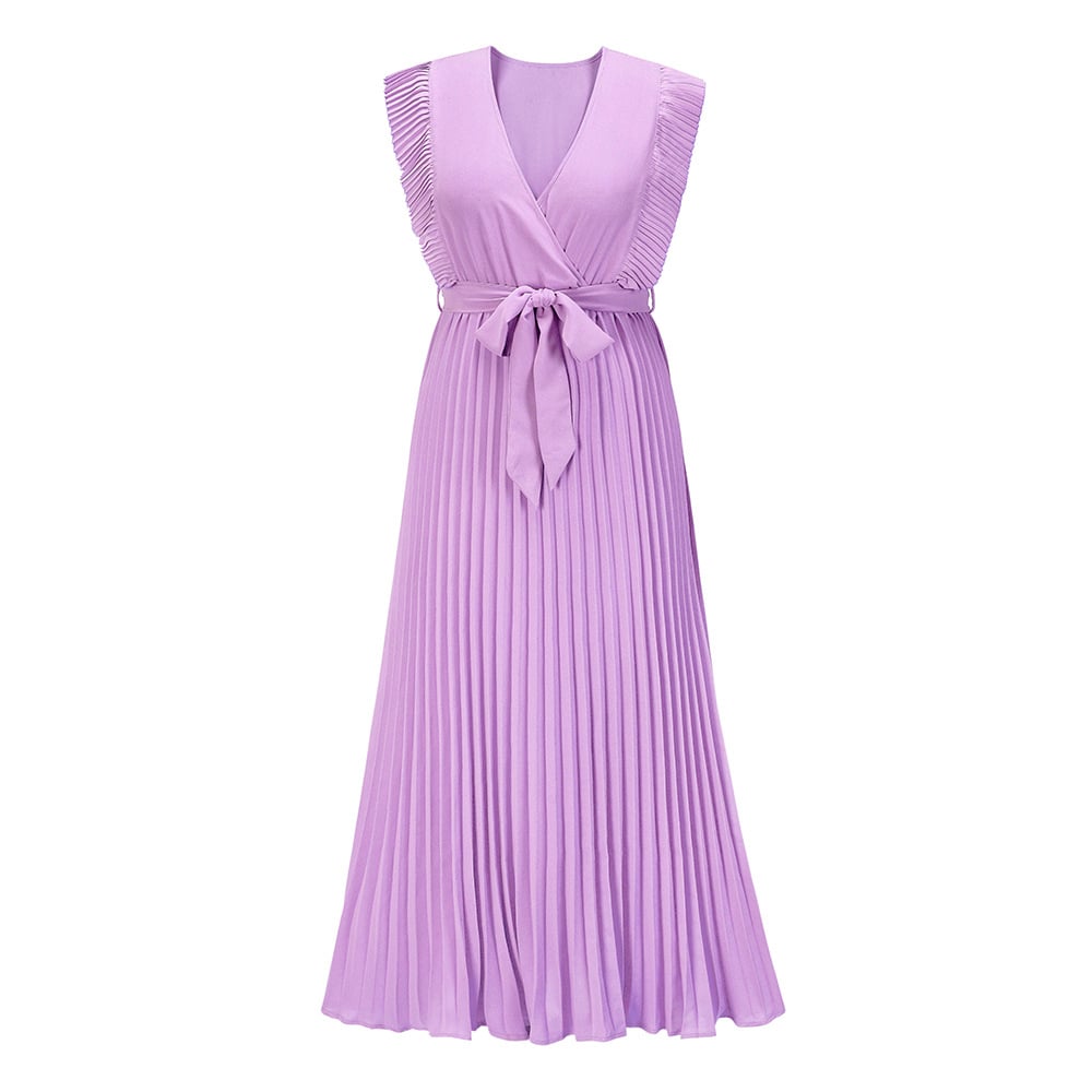 Elegant Beach Long Dress Fashion Slim Fit Sexy Lotus Sleeve Chiffon Pleated Dress Solid Color Dress