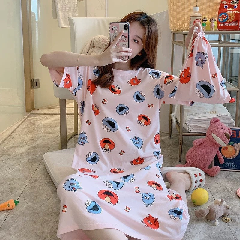 A girl in a sleeping dress with short sleeves
