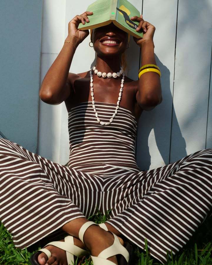 Striped strapless top and trousers two-piece set