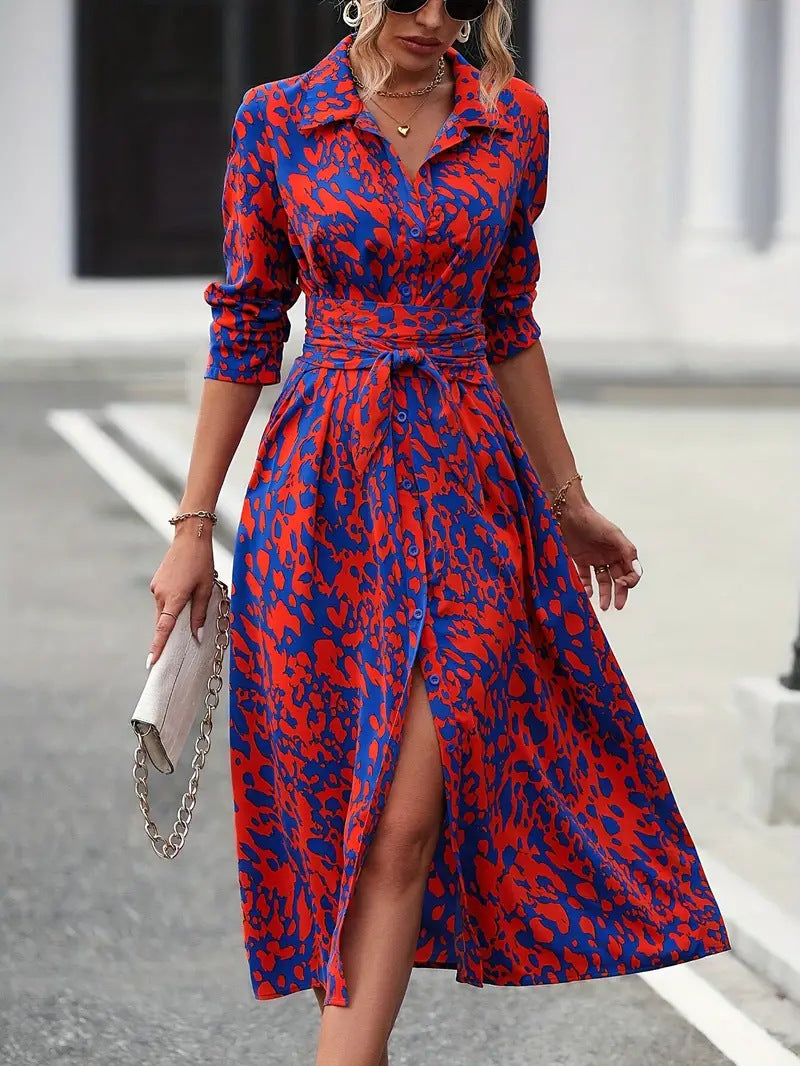 Printed button-up long-sleeved fitted A-line dress